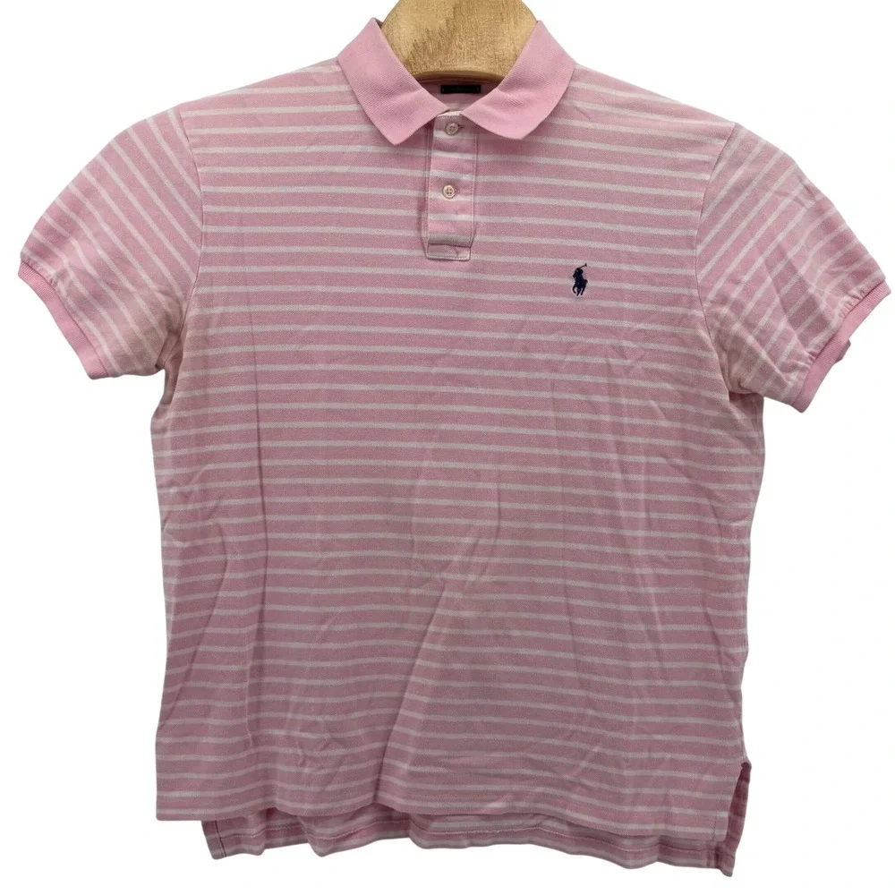 Polo Ralph Lauren Polo Shirt Mens XL Pink White Striped‎ Custom Fit Short Sleeve